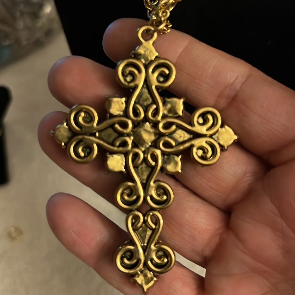 Vintage Gold-Tone Blue & Clear Rhinestone Cross Necklace - Picture 3 of 4